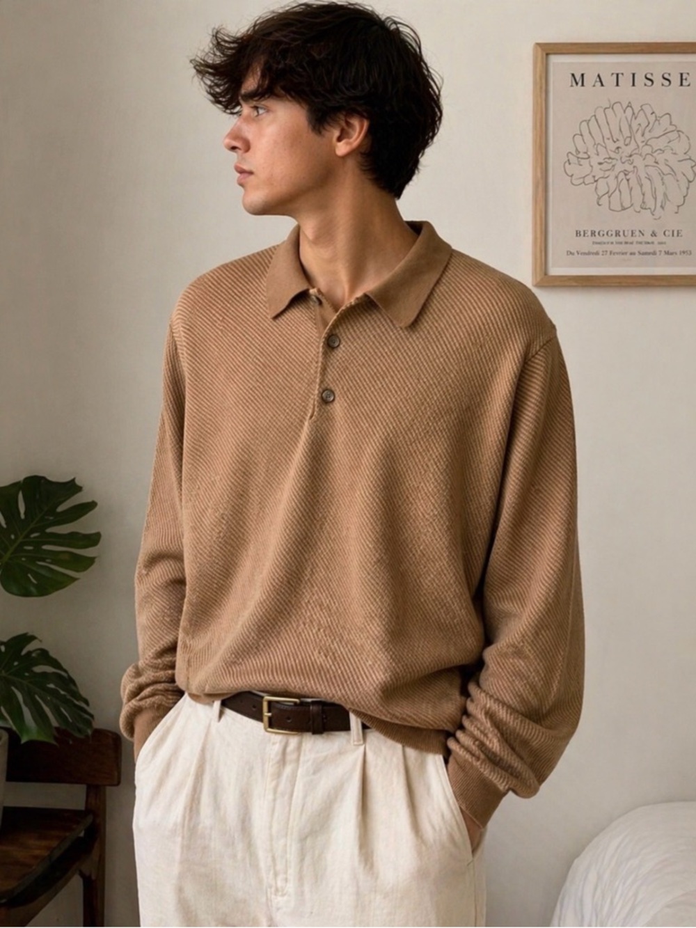 Vintage 90s Textured Knit Polo Made in Japan Tan Minimalist Dadcore Large